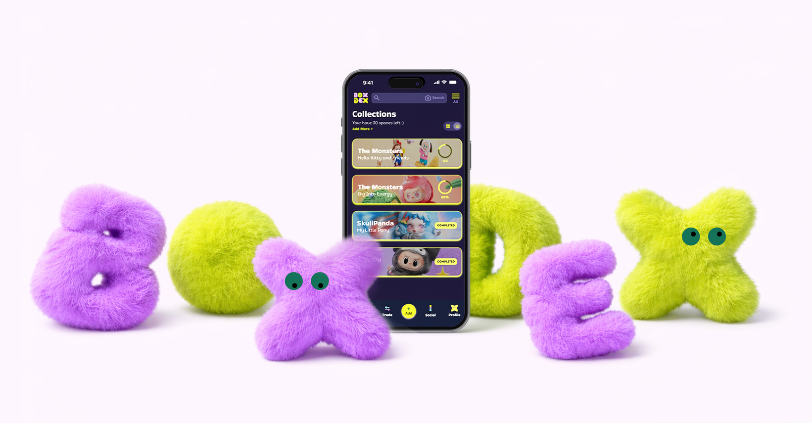 Boxdex app collection screen surrounded by fuzzy BOXDEX letter mascots